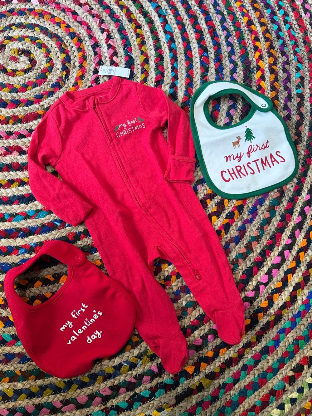 NWT Old Navy Red "My First Christmas" Baby Zip-Up and Bibs 3-6M